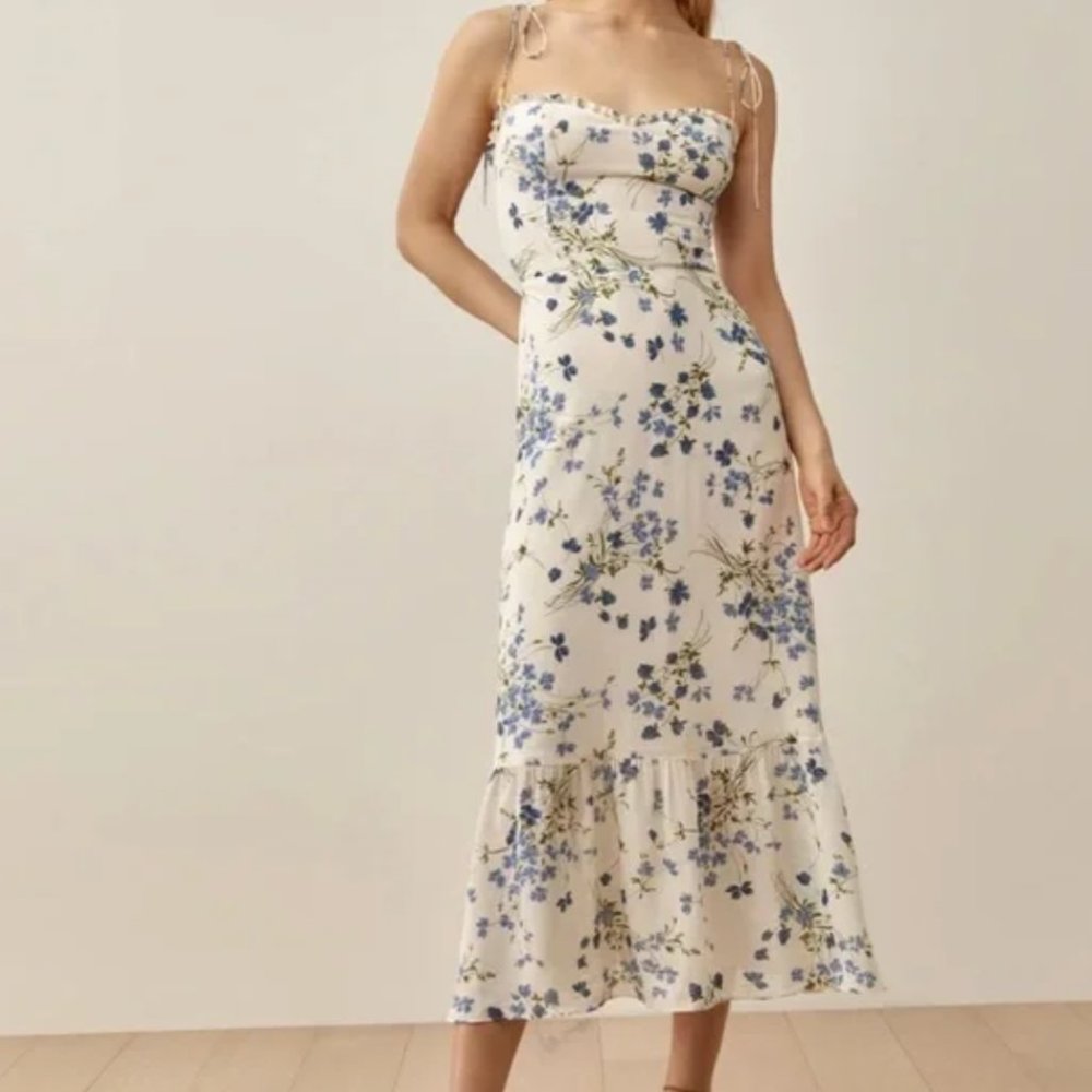 Reformation Cream Midi Dress with Blue Floral Print